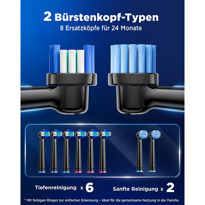 Електрична зубна щітка з обертанням для дорослих та дітей, 8 насадок (2 типи), 3 рівні інтенсивності, 5 режимів, з настінним тримачем та зарядною станцією, таймер чищення 2 хвилини, чорний колір, (в упаковці)