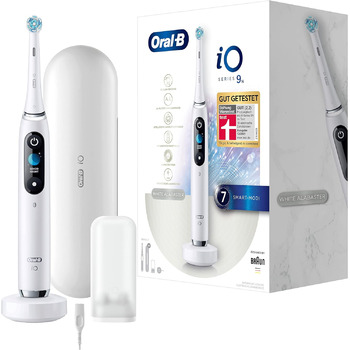 Електрична зубна щітка Oral-B iO Series 9, 7 режимів чищення для догляду за зубами, магнітна технологія та 3D-аналіз поверхні зубів, кольоровий дисплей і зарядний футляр, білий алебастр