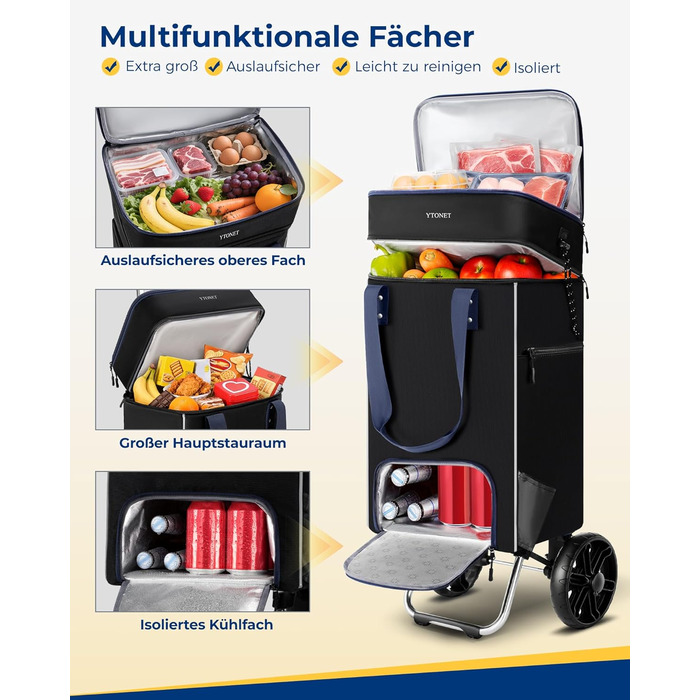 Складний візок для покупок Ytonet з термосумкою, великий водонепроникний візок на міцній основі (55 літрів / 68 кг), 3-в-1 візок-трансформер, сумка-візок та ручна сумка з великими колесами, чорний