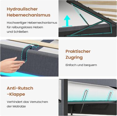 М&39яке ліжко AOGLLATI 140 x 200 зі світлодіодним освітленням та зарядною станцією, каркас ліжка з регульованим по висоті узголів&39ям та місцем для зберігання, гідравлічне ліжко 140 x 200 см, рейкова основа, льон, без матраца, темно-сірий 140 x 200 см те