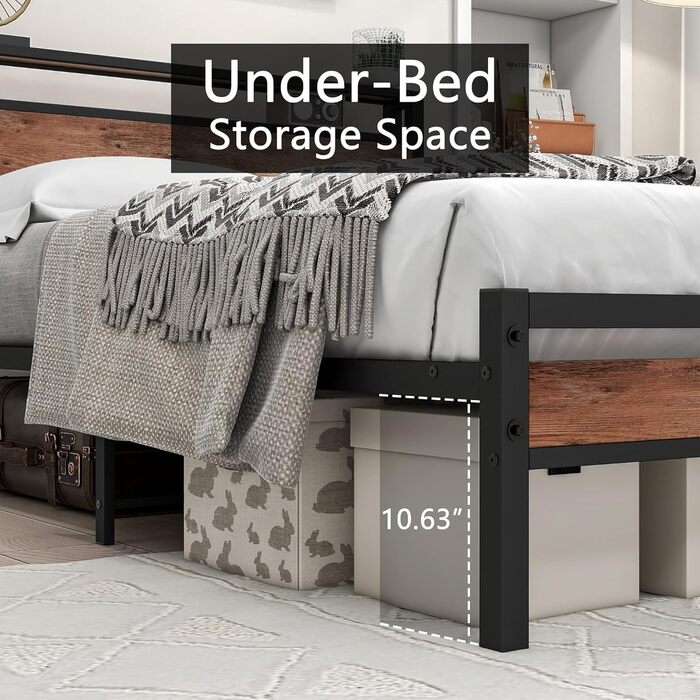 Каркас ліжка HOJINLINERO з узголів&39ям для зберігання, металеве ліжко 90x200, ліжко з металевою рейковою основою, ліжко з місцем для зберігання, дитяче ліжко, каркас ліжка, чорний (135 x 190 см)