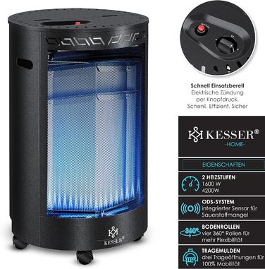 Керамічний газовий обігрівач KESSER® потужністю 4200 Вт, включаючи регулятор тиску газу, газовий шланг, газовий обігрівач із захисним чохлом, газовий обігрівач, інфрачервоний керамічний пальник, газові балони з бутаном або пропаном, чорний колір