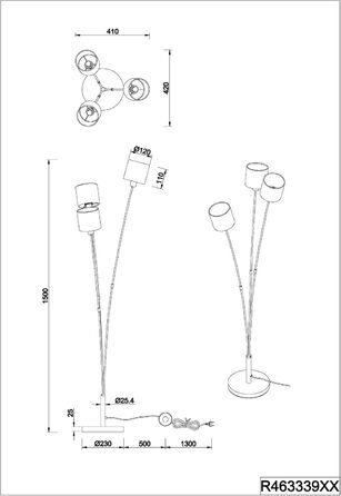 Торшер Reality Lamp Tommy R46335979, матовий метал, тканинний абажур золотого кольору, ексклюзивний 5 шт. E14 (чорний, торшер 3 світла)