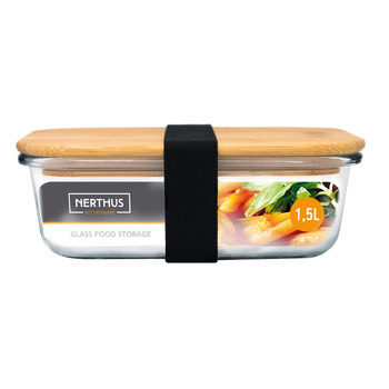 Скляна банка для зберігання продуктів Nerthus з бамбуковою кришкою, 1500 мл, боросилікатне скло, прозора