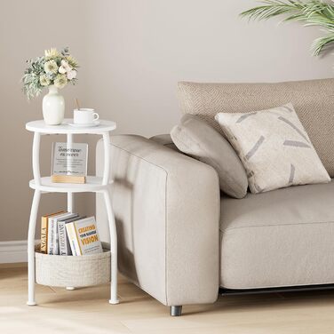 Круглий приставний столик, 3-ярусний круглий маленький столик, маленький журнальний столик, тумбочка біля ліжка, з тканинною кишенею, столик для вітальні, тканинний кошик, диванний столик для декору кімнати, дерево, метал, сучасний (білий)