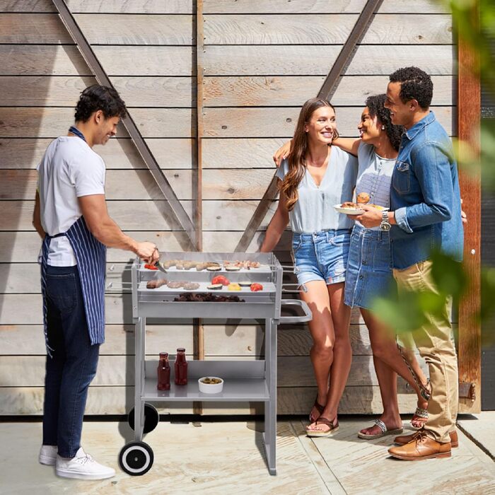 Вугільний гриль Великий мобільний BBQ-стіл з площею гриля приблизно 5841 см, вітрозахисним екраном та 2 хромованими регульованими решітками, 1030