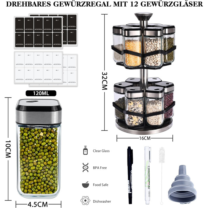 Дворівнева карусель для спецій, що обертається на 360, з 12 банками для спецій об&39ємом 120 мл, годинником на 360 (розмір отвору можна вибрати), обертовою підставкою для спецій, підставкою для спецій з нержавіючої сталі, набір органайзерів для спецій з 1