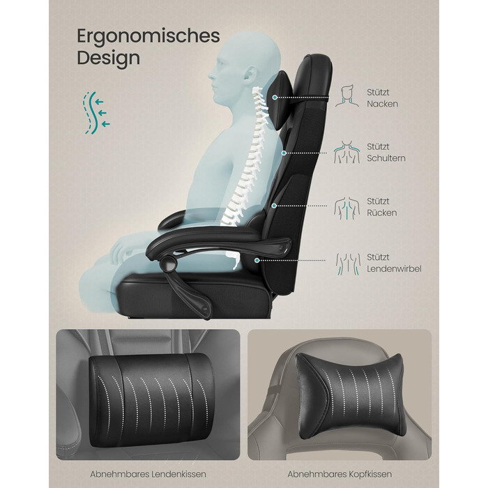 Ігрове крісло SONGMICS, офісне крісло з підставкою для ніг, робоче крісло з підголівником та поперековою опорою, регульована висота, ергономічне, вантажопідйомність до 150 кг, чорний колір OBG073B05 Колір чорнила чорний