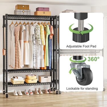 Вішалка для одягу на колесах, штанга для одягу, міцна металева вішалка для одягу, шафа з 3 шт. ангами для одягу та полицею, гачки (чорна, 45 Г x 120 Ш x 205 В) 45 Г x 120 Ш x 205 В Чорний