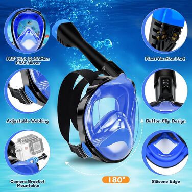 Комплект для дорослого підводного плавання з ластами, маска для дайвінгу на все обличчя, захист від запотівання, поле зору 180 та кріплення для камери, регульовані ласти з чохлом, для підводного плавання та дайвінгу, синій, розмір S/M