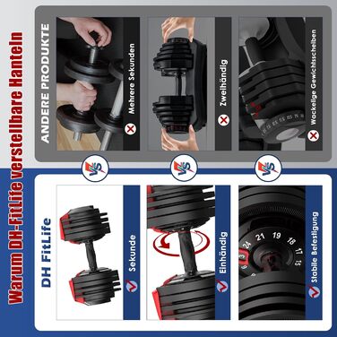 Набір регульованих гантелей DH FitLife 18/24 кг, 12 рівнів навантаження, багатофункціональний комплект 12-в-1 (2 шт.)