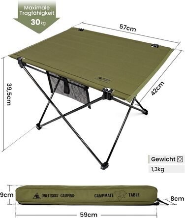 Складаний кемпінговий стіл OneTigris CAMPMATE, маленький складаний стіл, надлегкий портативний вуличний стіл, складний стіл, вантажопідйомність до 30 кг для використання на свіжому повітрі, походи, зелений рейнджер