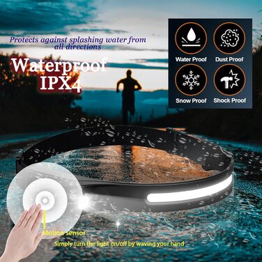 Налобний ліхтар Outdoor Vibes із широким кутом огляду, світлодіодний, що перезаряджається від USB, з пов&39язкою на голову для кемпінгу, бігу, риболовлі, ремонту, пригод, чорний, розміри S-XXL ()