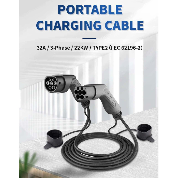 Трифазний зарядний кабель ANFIL для електромобілів (EV) - тип 2 до типу 2 (режим 3) - макс. вихідна потужність 22 кВт, 32А - 5 мет