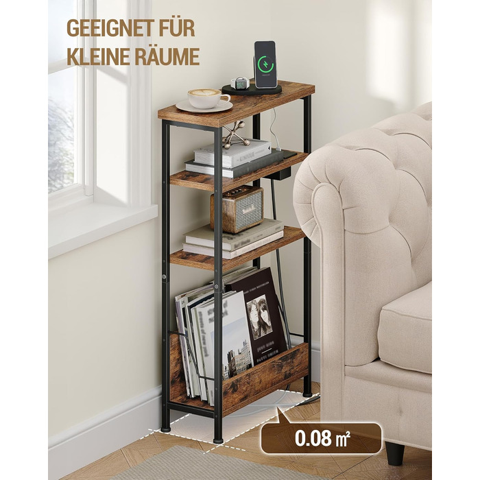 Вузький бічний столик Hzuaneri, 4-ярусний бічний столик для дивана з тримачем для журналів та зарядними розетками, підходить як тумбочка для вітальні або кабінету, вінтажний коричнево-чорний ET40001BEU