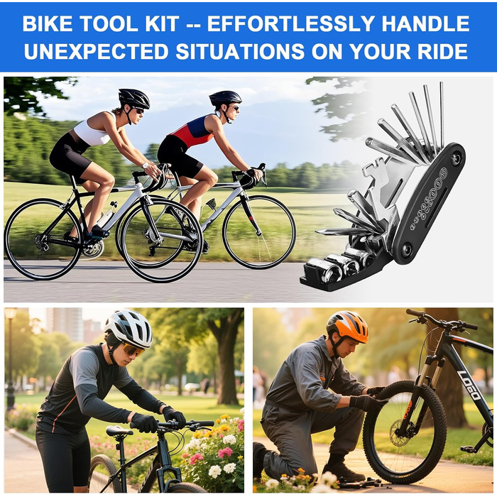 Набір велосипедних інструментів, мультиінструмент 16-в-1 з водонепроникною кришкою, міні-насос, 12 гумових накладок з клейким покриттям, практичне місце для зберігання