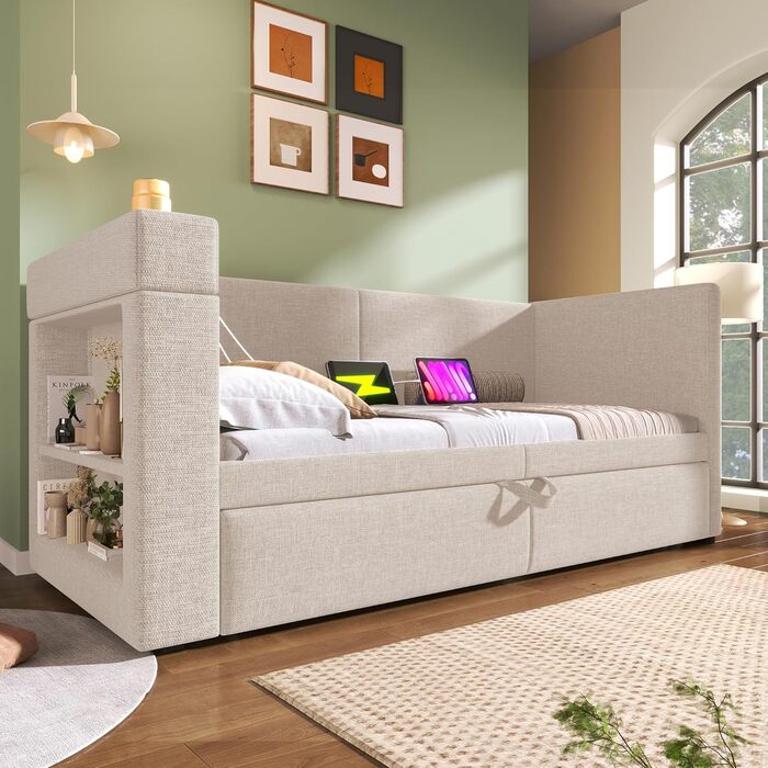 М&39який розкладний диван-ліжко 90/180x200 з USB та портом зарядки Type-C, кушетка з рейковою основою, диван-ліжко, функціональне ліжко, кушетка, без матраца, бежевий бежевий G 90x200