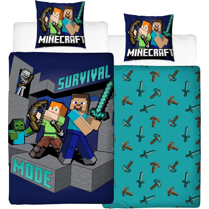 Постільна білизна 135x200 дитяча - Двосторонній комплект постільної білизни з персонажами Minecraft - 100 бавовна - 80x80 135x200