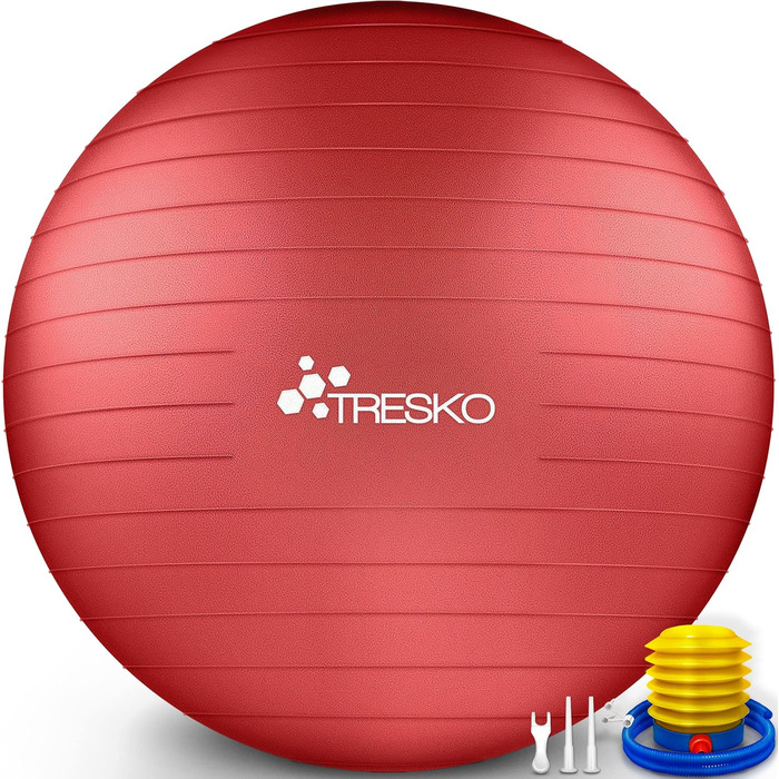 М'яч для вправ TRESKO з FREE плакатом з повітряним насосом - м'яч для йоги без бісфенолу А Сіцбол Бюро Захист від вибуху 300 кг (червоний, 85 см (для зросту понад 185 см))