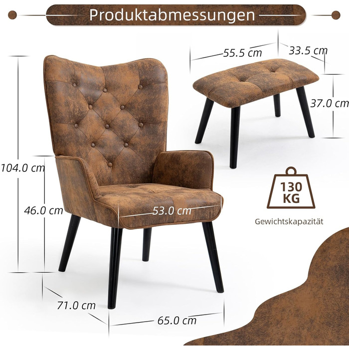 Крісло AVAWING з пуфом для ніг, крісло з відкидною спинкою, крісло під телевізор з ніжками з каучукового дерева, крісло-реклайнер, крісло для вітальні, спальні, офісу, мікрофібра, коричневий