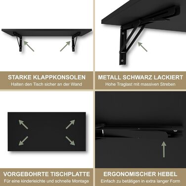Настінний розкладний стіл KDR 80x40 см, чорний Складаний стіл для настінного монтажу як обідній стіл, письмовий стіл, кухонний стіл або робоче місце Економія місця та універсальність