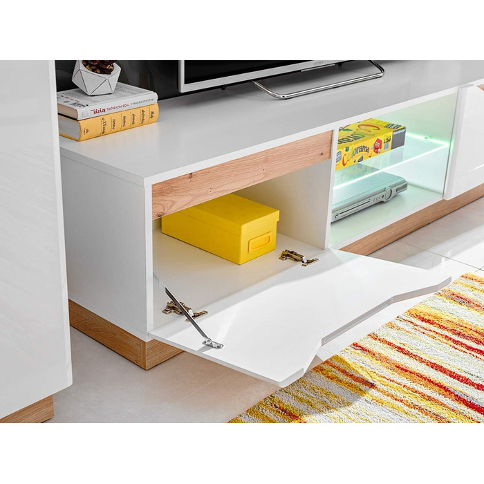 Настінна шафа для вітальні Generic Fame, настінна полиця для вітальні, стіна для телевізора, матова глянцева вітрина, низька тумба, настінна полиця зі світлодіодним підсвічуванням (білий/дуб Artisan) Білий / дуб Artisan