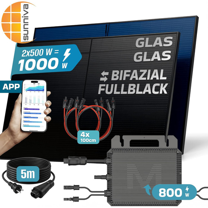 Двофазна балконна електростанція SUNNIVA 1000 Вт, повністю чорна, в комплекті з розеткою, інвертором MARSTEK 800 Вт, фотоелектричною сонячною системою, 2 сонячними модулями зі скла по 500 Вт, включаючи кабель 5 м, Bluetooth WIFI, повний комплект 1000/800 