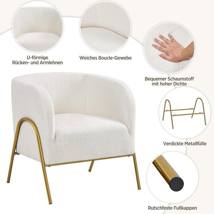 М&39яке крісло Yaheetech Lounge Chair зі спинкою у формі бочки, клубне крісло з V-подібними металевими ніжками, стильне крісло з тканини букле, крісло для телевізора 1