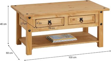 Журнальний столик CARO Furniture IDIMEX Salsa, масив сосни, дві шухляди та полиця, натуральний колір