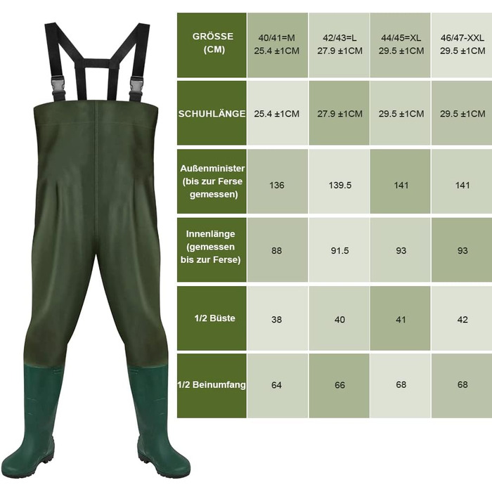 Чоловічі водонепроникні вейдерси, рибальські вейдерси з ПВХ 70D з чобітьми, міцні неопренові вейдерси для риболовлі, водних видів спорту та активного відпочинку, розмір 44/45XL, зелені
