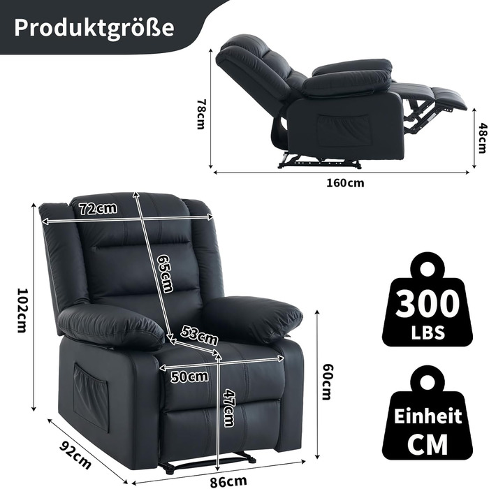 Крісло для телевізора з функцією відкидання спинки, масажне крісло з функцією підігріву, крісло-реклайнер з функцією відкидання спинки, крісло для вітальні, зручне крісло для читання, крісло для відпочинку з ручним керуванням (чорне) Чорне ручне керування