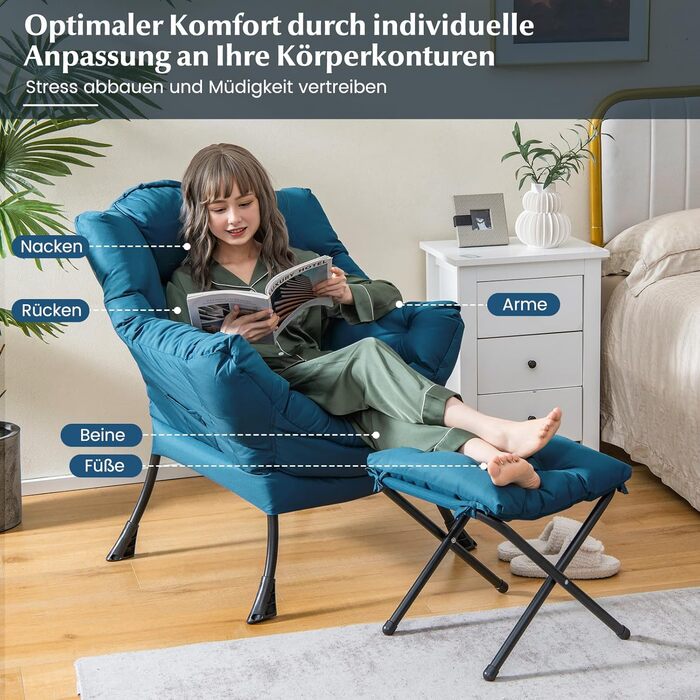 Крісло COSTWAY з підставкою для ніг, відкидне крісло з підлокітниками, бічною кишенею та підставкою для ніг, крісло для відпочинку, крісло для телевізора, крісло з відкидною спинкою для вітальні, спальні, офісу (синє) синє з підставкою для ніг