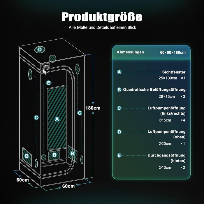 См, Гроубокс з міцним та водонепроникним зовнішнім шаром 1680D, високовідбиваюче алюмінієве внутрішнє покриття, Гроутент з великим оглядовим вікном та піддоном, A06 (Чорний) 60 см (Ш) x 60 см (Г) x 180 см (В), 60x60x180