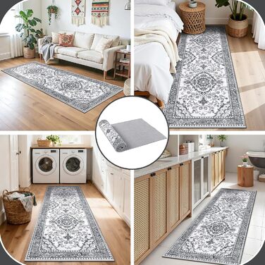 Кухонний килимок 60 x 180 см, високоякісний нековзний килимок для передпокою, традиційний довгий килимок, який можна прати, ретро, м&39який килимок для вітальні, офісу, коридору, сірий, 60 x 180 см