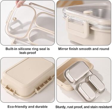 Металева ланч-бокс з двома відділеннями, 1000 мл. Дитячий бенто-бокс з нержавіючої сталі 304, портативний, герметичний контейнер для перекусу з роздільниками, для школи, офісу та подорожей. Розміри 22166,5 см.