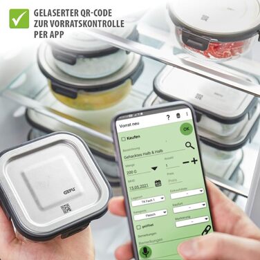 Контейнер для зберігання продуктів GEFU MILO - Розумний ланчбокс із моніторингом свіжості та споживання через додаток, Скло із силіконовою пломбою та застібкою Click, Контейнер для продуктів, Контейнер Tupperware, 1500 мл, Прямокутний, Чорний/Срібний