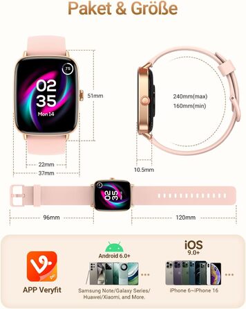 Розумний годинник для чоловіків та жінок з функцією телефону, фітнес-годинник 1,85 дюйма, понад 100 спортивних режимів, фітнес-трекер з моніторингом серцевого ритму/SpO2/сну, крокомір, водонепроникний спортивний годинник IP68 для iOS та Android, рожевий