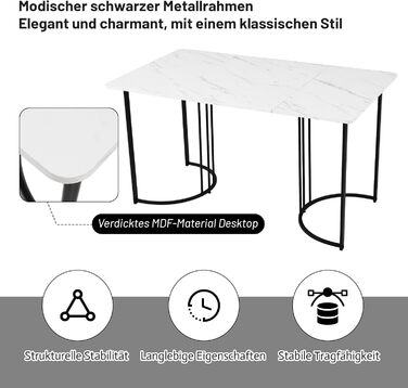 Обідній стіл Merax 140x80 см, прямокутний обідній стіл з мармуровим візерунком, для 4-6 осіб, металевий каркас, регульовані ніжки столу, підходить для ресторану, вітальні, кухні, холу, білий/чорний 03/білийчорний 140 x 80 см