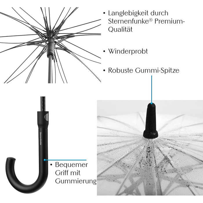 Парасолька Sternenfunke прозора велика XXL Ø110 см 16-реберна кнопка комфорту Прозора парасолька весілля 2 людини Велика прозора парасолька з сумкою для перенесення - край білий прозорий Ø110 см - великий - XL