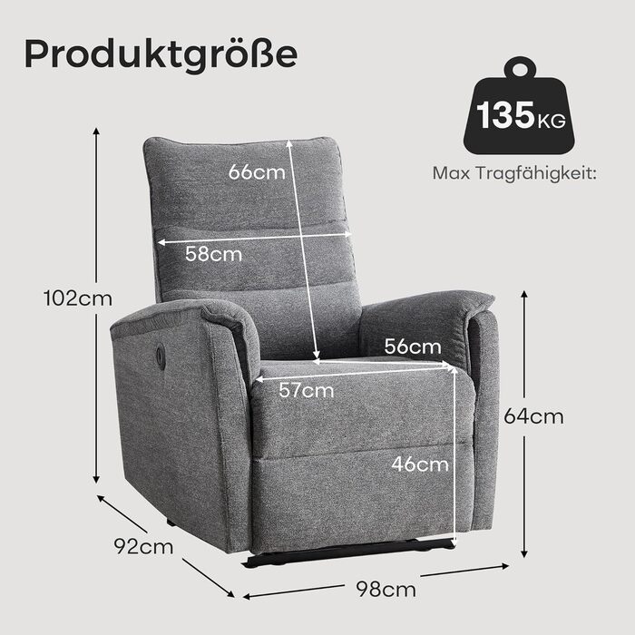 Електричне крісло-реклайнер для телевізора EBELLO з функцією відкидання, крісло для телевізора у вітальні, витримує до 150 кг, одне крісло-реклайнер для вітальні, темно-сірий 1 темно-сірий