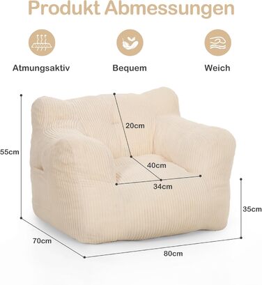 Крісло-мішок Pamapic для дорослих, наповнене крісло-мішок з портативною ручкою, сучасне ергономічне крісло-мішок, крісло-мішок для приміщень для вітальні, спальні, ігрової кімнати, бежевий 70Г x 80Ш x 55В см