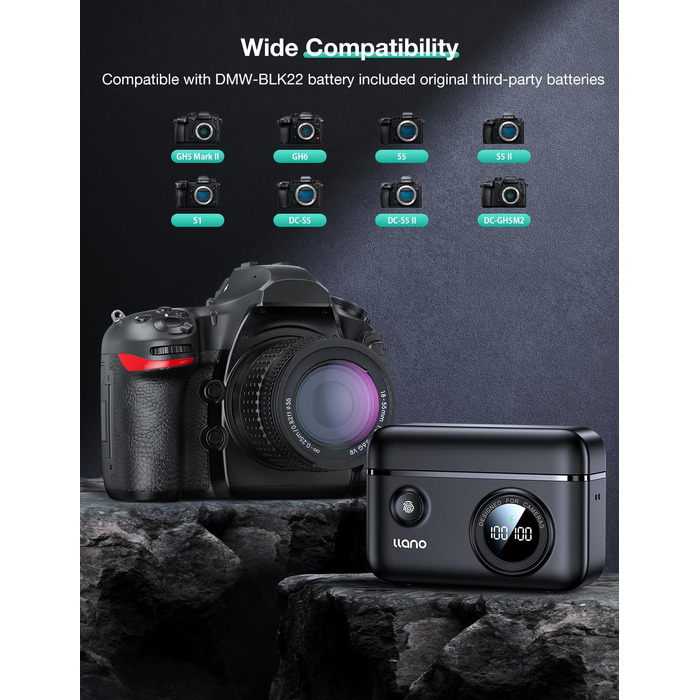 Швидкий зарядний пристрій llano DMW-BLK22 для Panasonic Lumix S5, S5II, S9, GH6, S5IIX, GH5 II, S5M2, S5M2X, GH5M2, PD 18 Вт, двоканальний, зарядний пристрій типу C USB