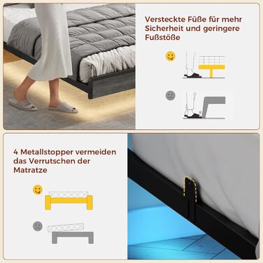 Ліжко 140 x 200, ліжко зі світлодіодним підсвічуванням, м&39яке ліжко 140 x 200, візуальний ефект плаваючого дизайну, зарядна станція, каркас ліжка з рейковою основою, для спальні, гостьової кімнати, лляна тканина сірого кольору 140 x 200 см сірого кольор