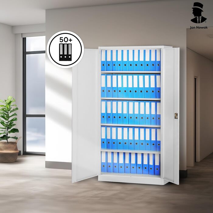 Металева шафа Jan Nowak Jan 185 x 90 x 40 см - Металева шафа для документів, що замикається, з 2 дверима, багатофункціональна шафа з 5 полицями, офісна шафа зі сталі з порошковим покриттям - сіра 185 см x 90 см x 40 см