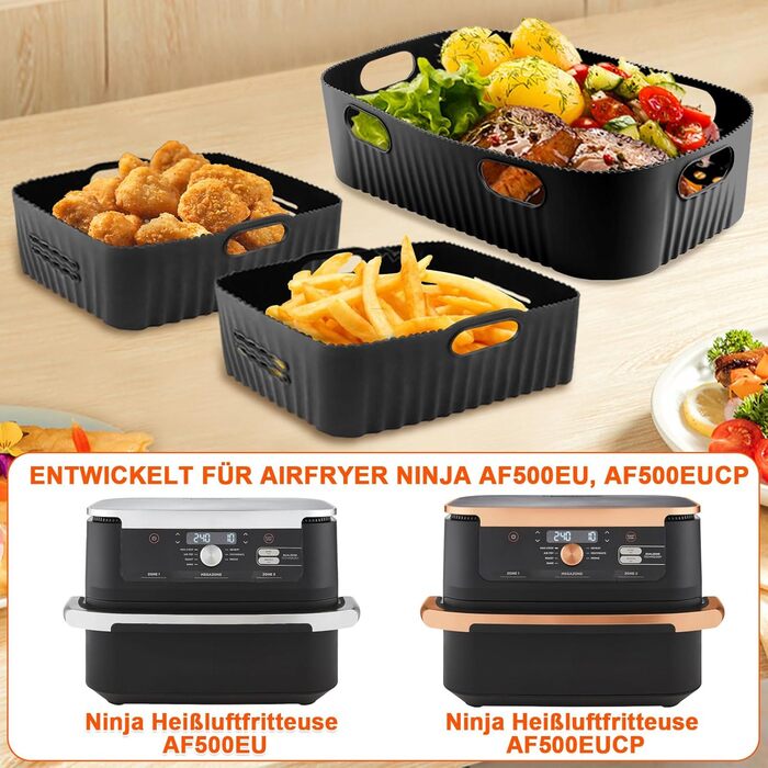 Силіконова форма для фритюрниці 3 шт. для Ninja AF500EU, аксесуари для фритюрниці Ninja Foodi Flexdrawer 10.4 л AF500DE, багаторазова фритюрниця з силіконовою формою, аксесуари для фритюрниці Ninja (чорна) 3 шт. (1 x 10.4 л 2 x 5.2 л) чорний