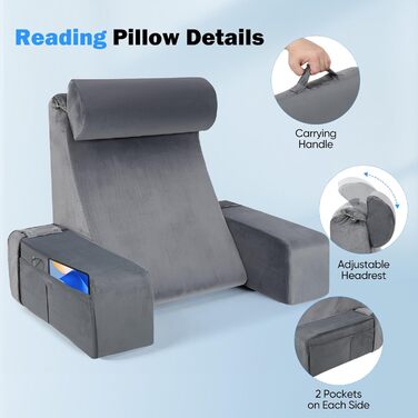 Ергономічна подушка для читання зі знімним підголівником та підлокітниками, з підтримкою спинки для ліжка, дивана, підлоги, регульована для читання, роботи та відпочинку, сіра