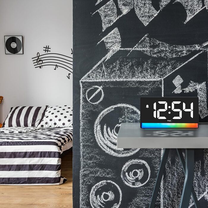 Цифровий будильник TFA Dostmann з підсвічуванням настрою, 60.2051, градієнт кольорів або 8 кольорів, 4 рівні яскравості, будильник з повтором, легко читається, функція зарядки, чорний