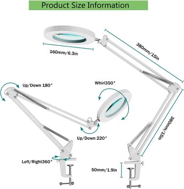 Кратна збільшувальна лампа, лампа-лупа, світлодіодна настільна лампа із затискачем і регульованим кронштейном - лупа з регулюванням яскравості та 3 колірними режимами зі світлом, косметична лампа зі скляними лінзами діаметром 4.1 дюйма, для читання/офісу/