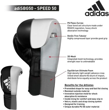 Боксерські рукавички Adidas Speed 50, Для дорослих, Боксерські рукавички, Рукавички для боксу, зручні та міцні, 10 унцій, Білі/Золоті