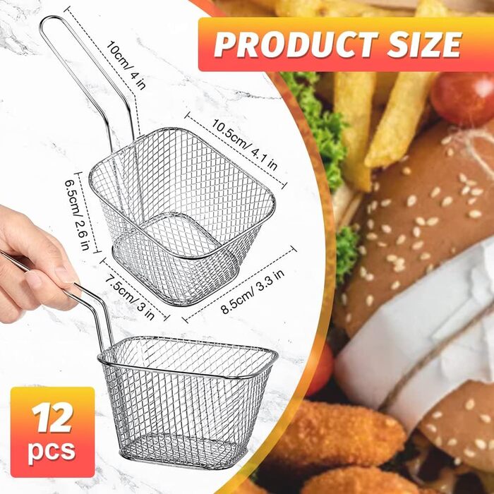 Кошик для смаження Міні-кошик для картоплі фрі з нержавіючої сталі Кошик для картоплі фрі Срібний кошик для подачі картоплі фрі з ручкою Маленький кошик для фритюрниці Кошик для смаження картоплі фрі Креветки Кільця цибулі, 12 шт.
